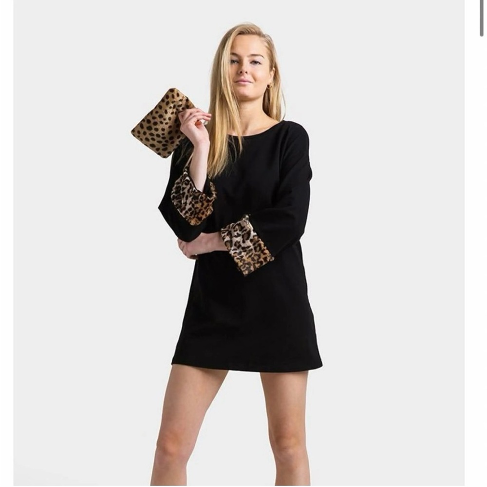 Charlie Paige Black Mini Dress with Leopard Cuff Detail
